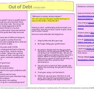 Könnte beinhalten: Eine rosa und gelbe Infografik mit dem Titel "Out of Debt: A Roadmap". Der Text ist schwarz, mit gelben Markierungen. Sie bietet Finanztipps und enthält einen Abschnitt mit wichtigen Kontaktinformationen.