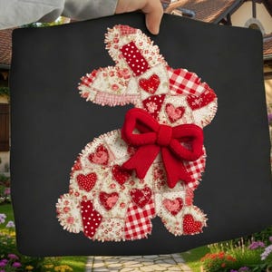 Peut inclure: Un sac fourre-tout noir avec un motif de lapin en patchwork. Le lapin est fait de tissu à motifs rouges et blancs avec des cœurs et un nœud rouge. Le sac est tenu par une main.