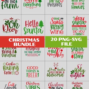 Peut inclure: Ensemble de fichiers SVG et PNG sur le thème de Noël avec diverses phrases festives. Les motifs incluent « Christmas on the Farm », « Merry Everything » et « Dear Santa Bring Wine ». Le lot comprend 20 fichiers, parfaits pour les créations de vacances.