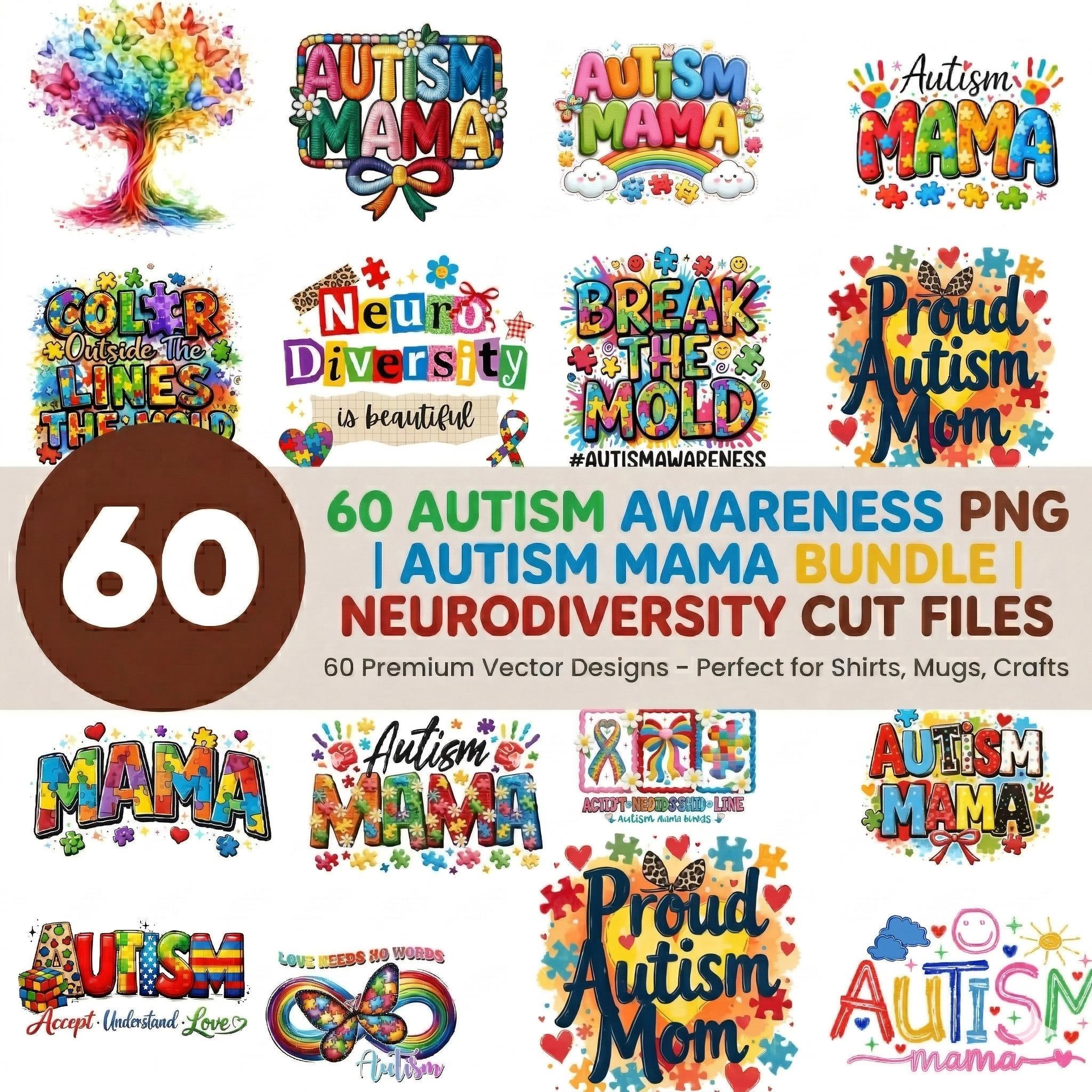 60 Autism Awareness PNG Bundle, Autism Mama PNG, Neurodiversity Cut ...