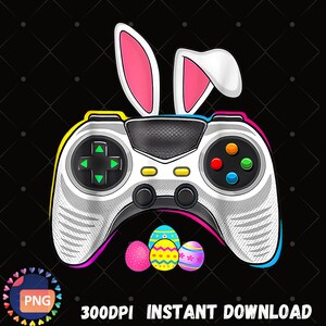 Könnte beinhalten: Ein weißer Videospiel-Controller mit Hasenohren und drei Ostereiern. Der Controller hat ein Steuerkreuz und farbige Knöpfe. Der Text "300DPI INSTANT DOWNLOAD" steht auf schwarzem Hintergrund.