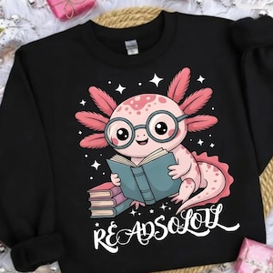 Camiseta fofa de axolote lendo | Presente para amantes de livros, camiseta kawaii de axolote, camiseta divertida para nerds da leitura