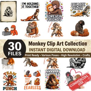 Op de afbeelding: Een collectie aap-clipart in verschillende poses, waaronder knuffelen, handen vasthouden en staan. De ontwerpen bevatten tekst zoals "Forever Friends", "Team Punch" en "Cuddle Buddies". De collectie bevat 30 bestanden.