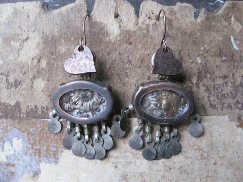 The Sweetest Years Rustic Tribal Mixed Media Art Assemblage Reliquary Earrings with Dried Flower Specimens
