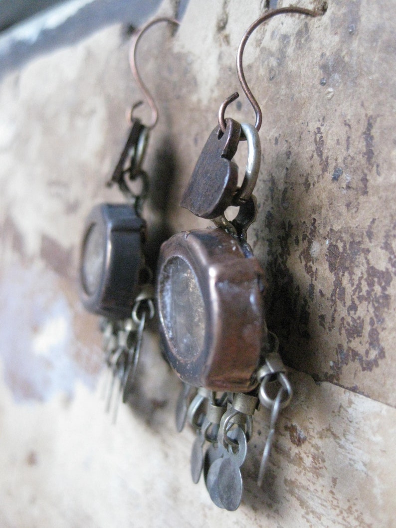 The Sweetest Years Rustic Tribal Mixed Media Art Assemblage Reliquary Earrings with Dried Flower Specimens