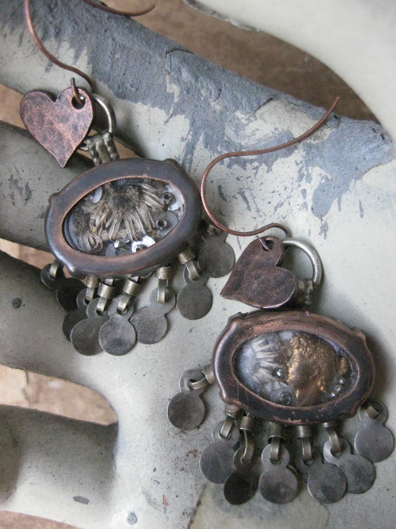 The Sweetest Years Rustic Tribal Mixed Media Art Assemblage Reliquary Earrings with Dried Flower Specimens