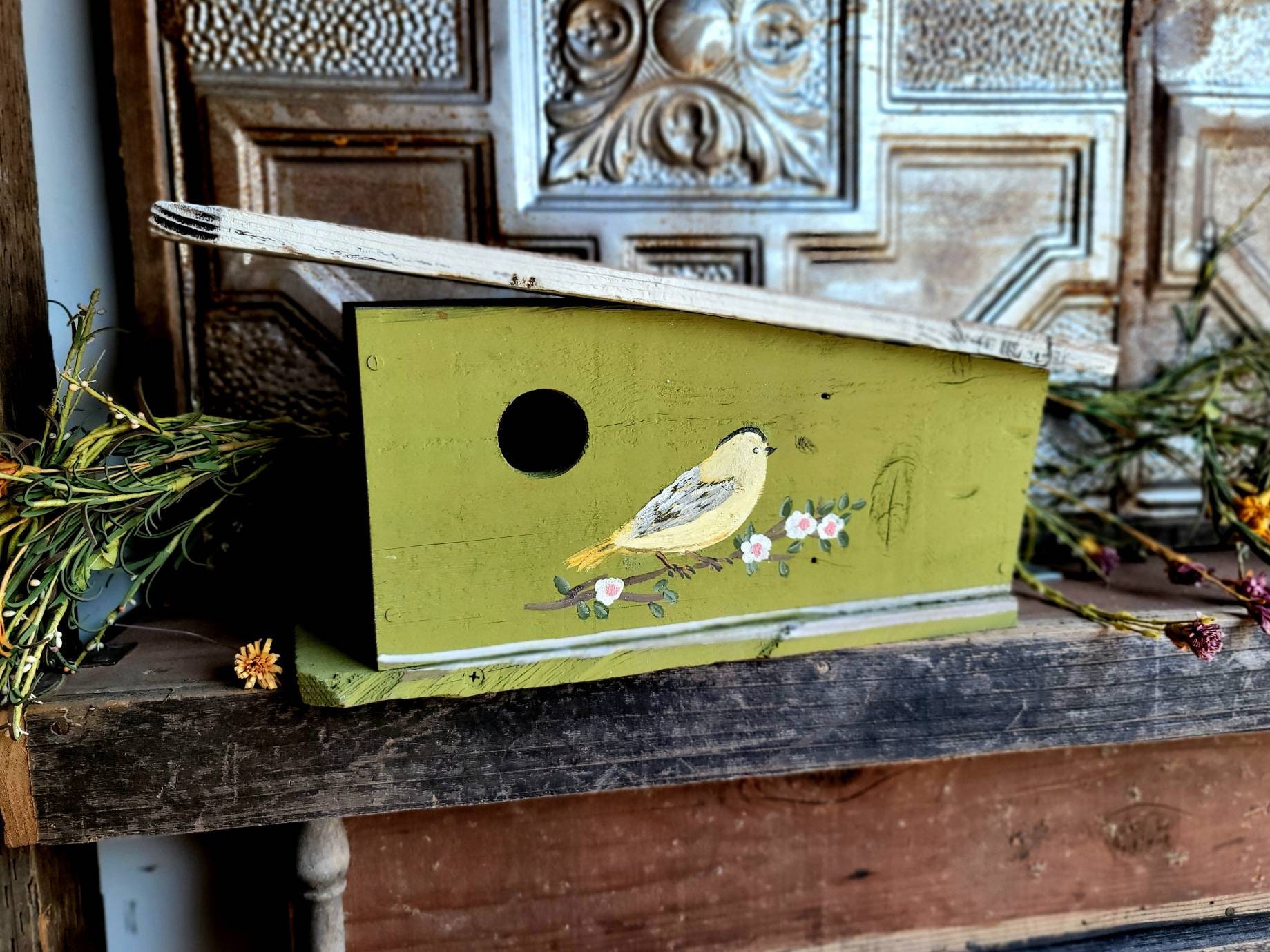 Olive green wood birdhouse,painted birdhouse,outdoor birdhousethe