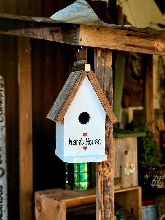 Customizable birdhouse for the outdoors. Made from reclaimed wood and painted with any colors or decorative design. Perfect garden gift idea