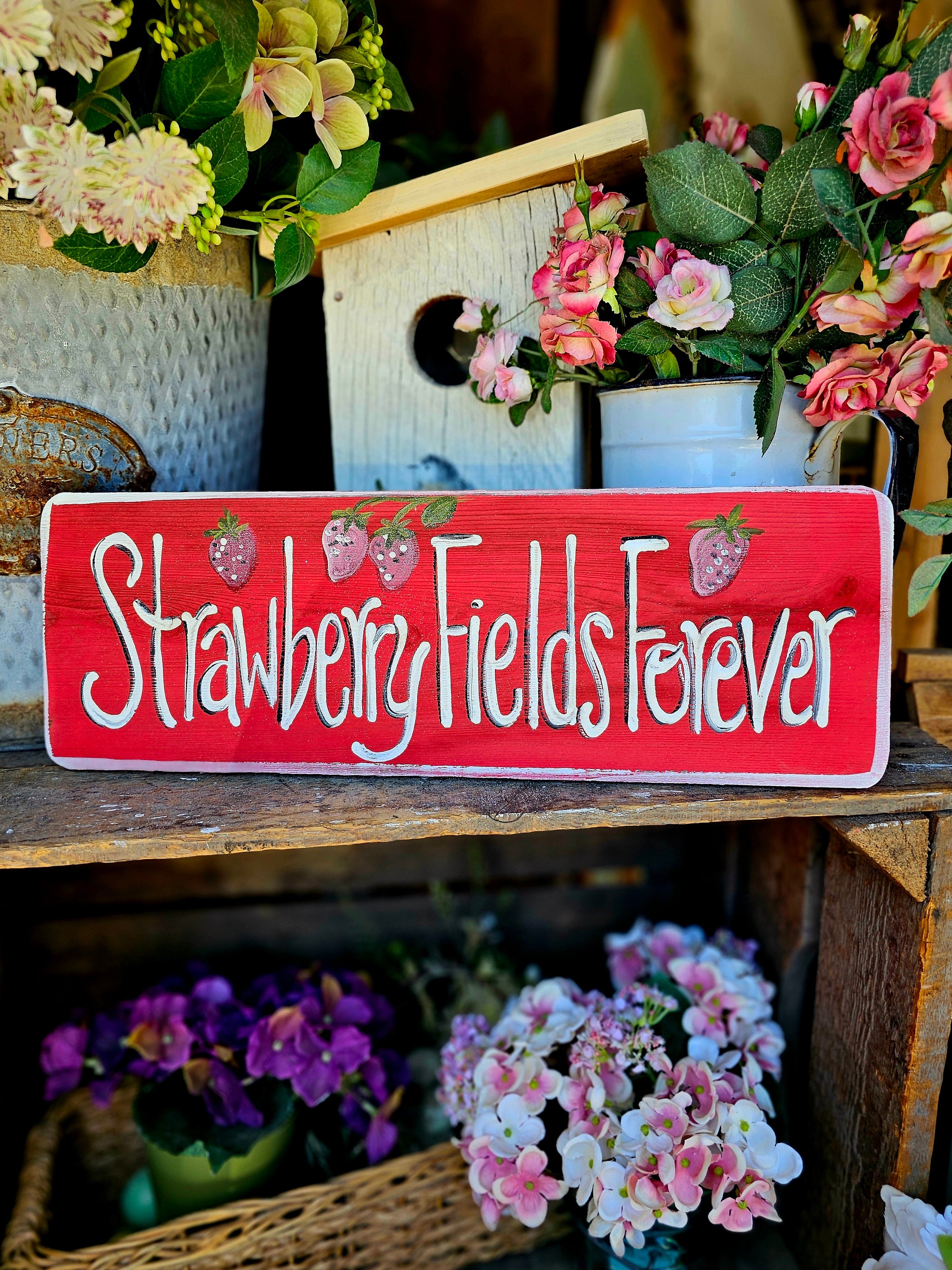 Hand Painted Strawberry Fields Forever Wood Sign - Farmhouse