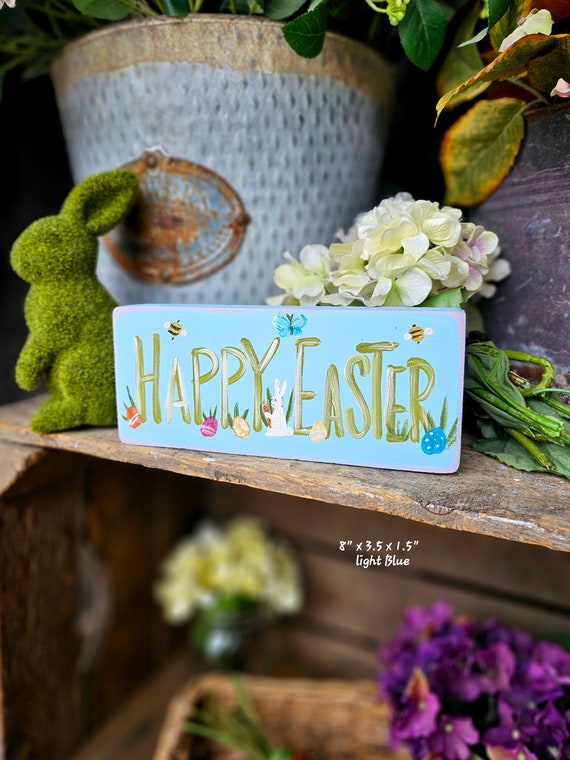 Happy easter wood garden sign,spring wood shelf sitter,easter wood sign,garden gift,custom wood block,spring decor,garden gift,gift for her