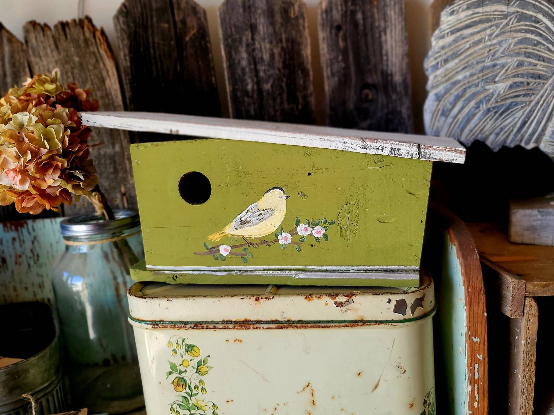 Olive green wood birdhouse,painted birdhouse,outdoor birdhousethe