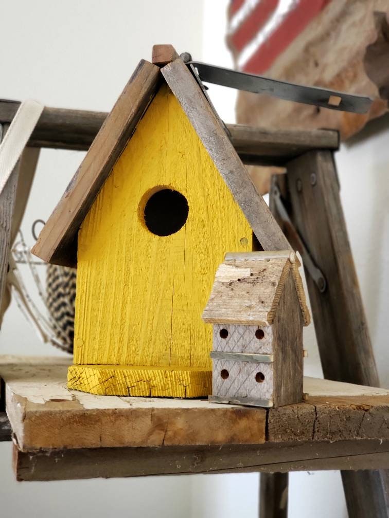 Small wood birdhouse block,tin roof birdhouse,wood shelf sitter,bird