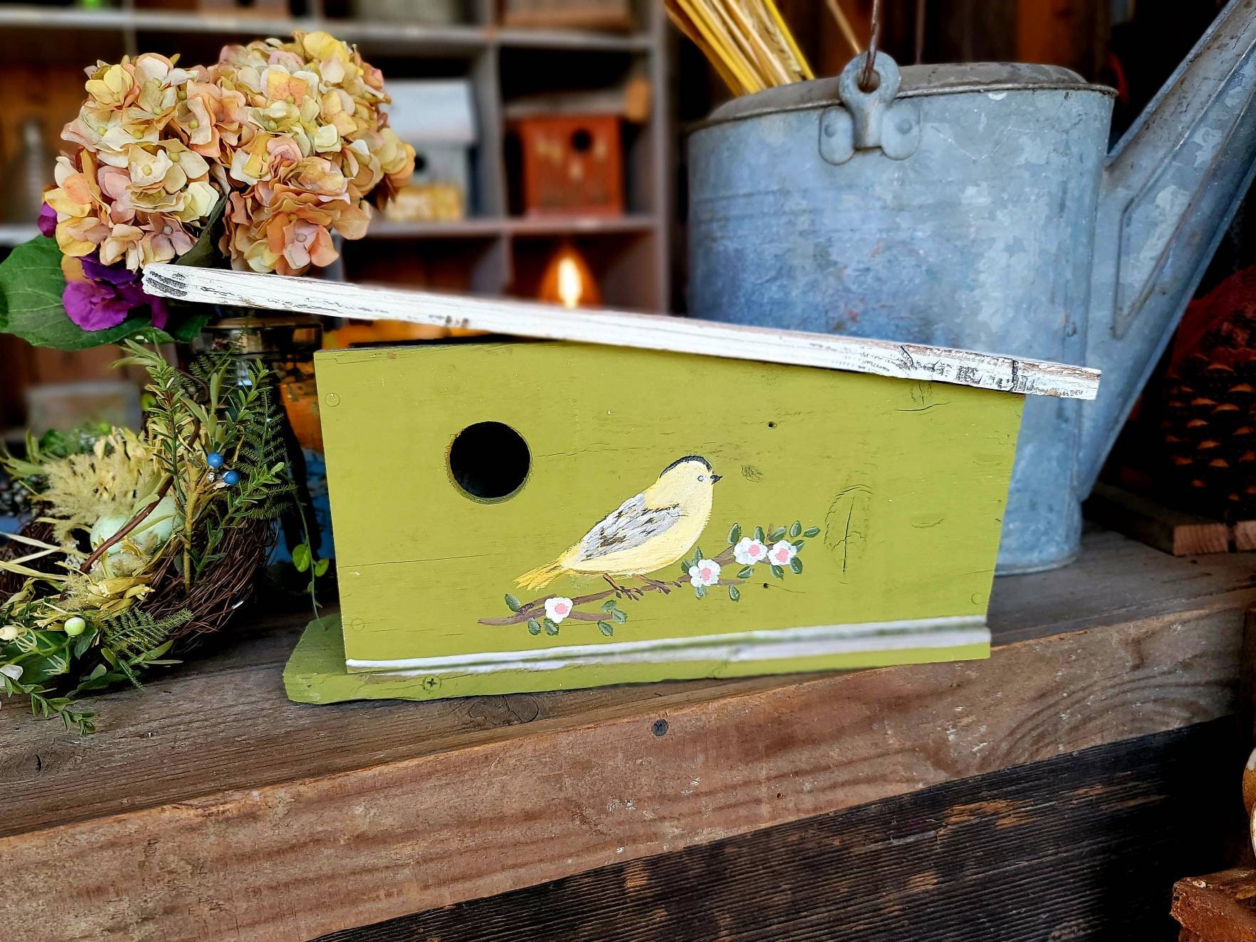 Olive green wood birdhouse,painted birdhouse,outdoor birdhousethe