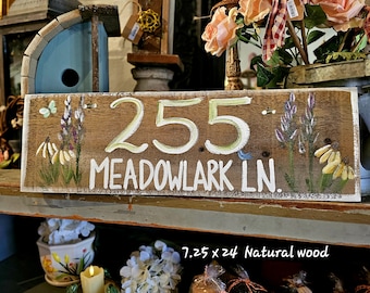 Hand-Painted Wooden Address Sign: Rustic Floral House Number