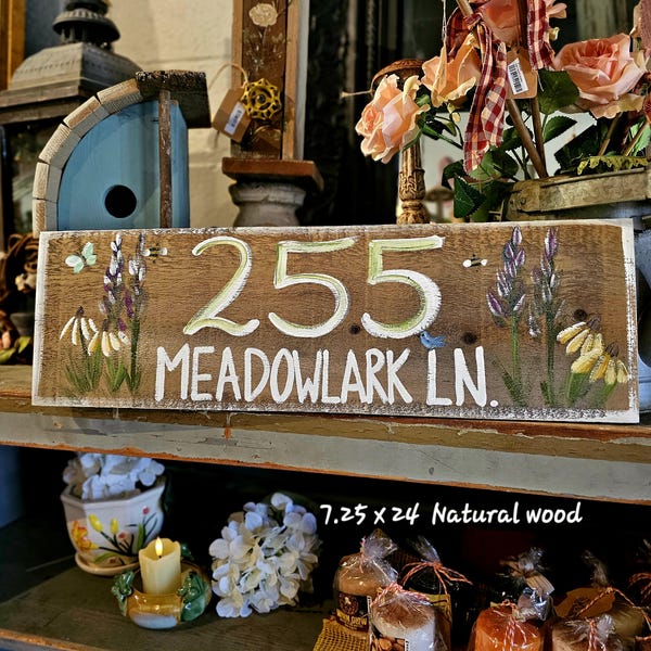Hand-Painted Wooden Address Sign: Rustic Floral House Number