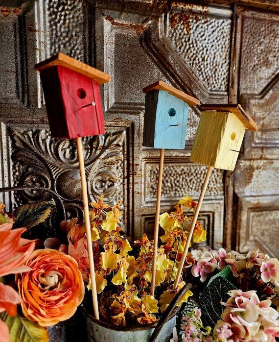 Mini birdhouse on a stake,wooden birdhouse,garden gift,garden decor,fairy garden wood birdhouse stake,custom birdhouse sign, gardening gift