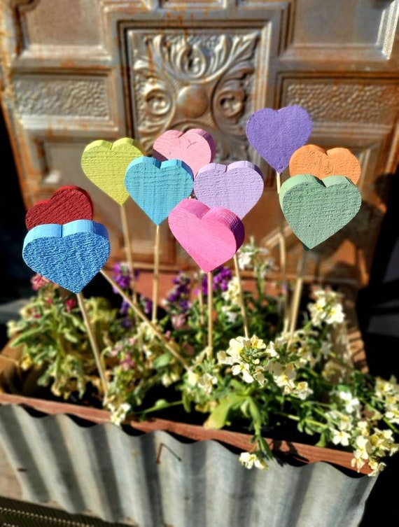 Wooden heart bouquet,custom heart wood stake,garden gifts,custom conversation hearts,valentine signs for garden,hearts on stick, garden sign