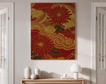 Chrysanthemum Canvas Wall Art Framed, Japanese Floral Print, Red & Gold Flower Artwork for Home, Living Room, Bedroom or Meditation Space