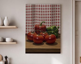 Cuadro de pared en lienzo con diseño de tomates y pimientos, lámina realista de naturaleza muerta para la cocina, arte gastronómico vintage para el comedor, la cocina o la casa de campo.