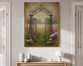 May include: A canvas print depicting an open wrought iron gate leading into a garden. The gate is framed by colorful flowers, including pink, purple, and white blooms. The background shows a misty meadow and trees.