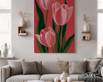 Framed Tulip Canvas Print, Modern Floral Art, Pink & Green Abstract Floral Flowers, Botanical Wall Decor for Living Room, Office, Bedroom