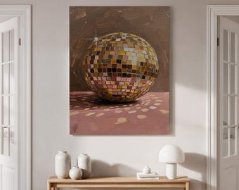 Stampa su tela con palla da discoteca retrò, opera d'arte con specchio rosa dorato