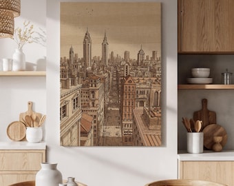 Impresión en lienzo de paisaje urbano vintage enmarcado, horizonte arquitectónico dibujado a mano