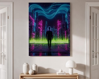 Cyberpunk Neon Cityscape Canvastavla med inramad väggkonst, futuristisk urban konst, neonljus och digitalt landskapstryck för vardagsrum eller kontor