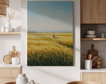 Lienzo de campo de trigo enmarcado, pintura de paisaje rústico de granja, decoración de pared de campo dorado, arte natural enmarcado para sala de estar o dormitorio