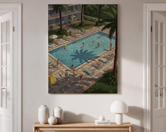 Framed Poolside Canvas Print, Retro Summer Resort Wall Art