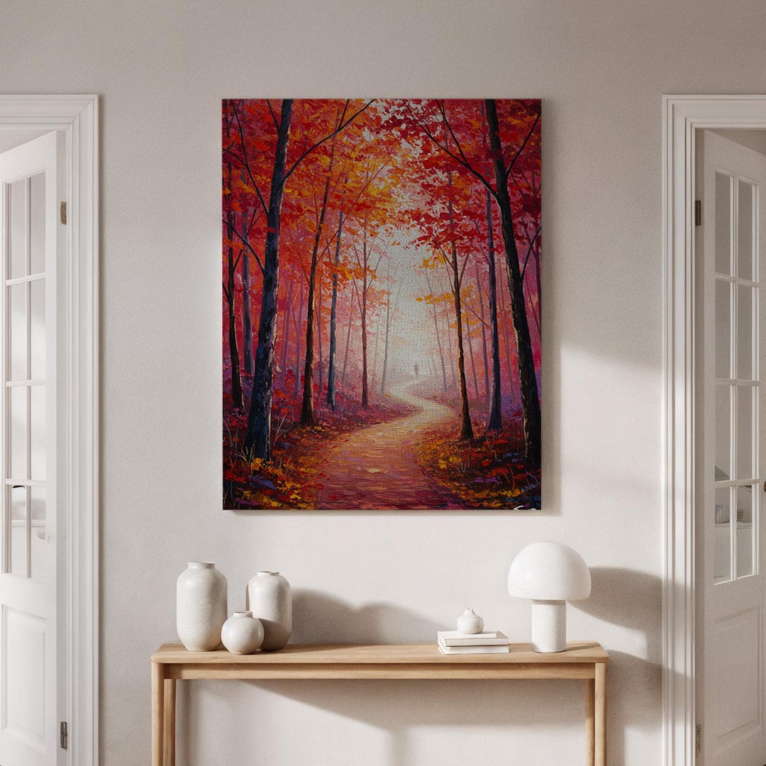 Framed Autumn Forest Path Canvas Wall Art, Fall Foliage Trail in Red ...