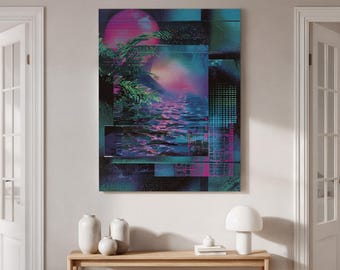 Quadro su tela incorniciato con tramonto retrò, stampa astratta di palma al neon e oceano, estetica vaporwave anni '80, decorazione murale futuristica da spiaggia.