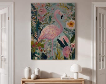 Framed Flamingo Canvas Wall Art, Floral Garden Print, Pink Flamingo and Flowers, Tropical Nature Decor, Pastel Birds Artwork for Home
