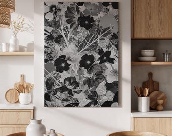 Black and White Floral Canvas Print, Elegant Monochrome Flower Art, Contemporary Floral Wall Decor for Living Room, Bedroom, or Office