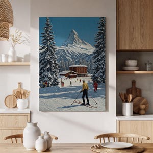 Winter Skiing Landscape Canvas Wall Art Framed, Vintage Ski Resort Print, Snowy Mountain Artwork for Living Room, Bedroom or Ski Lodge
