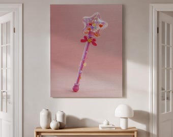 Framed Magical Star Wand Canvas Print, Cute Pink and Colorful Star Stick, Whimsical Decor for Kids Room, Nursery or Fantasy Themed Spaces