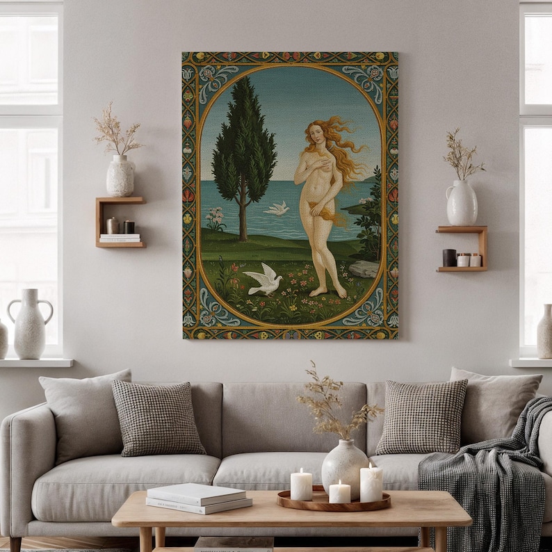 Framed Classical Goddess Canvas Wall Art, Venus or Aphrodite by the Sea, Elegant Vintage Style Print for Living Room, Bedroom, Gallery Decor