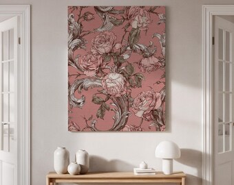 Pink Rose Canvas Print, Vintage Floral Art, Elegant Botanical Wall Decor, Soft Pink & Cream Rose Design for Living Room, Office, Bedroom