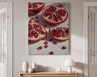 Pomegranate Still Life Canvas Wall Art Framed, Fresh Fruit and Seeds Print, Vibrant Pomegranate Artwork for Kitchen or Dining Room
