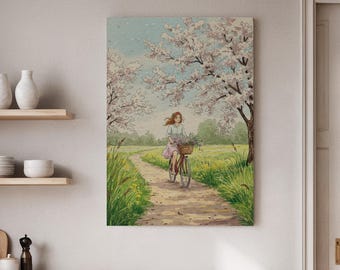 Spring Bicycle Canvas Art: Romantic Girl, Blossom Trees