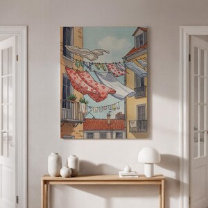 European Laundry Day Canvas Art Print, Vintage Courtyard Scene