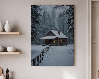 May include: A winter landscape photograph featuring a snow-covered cabin nestled in a forest. The cabin has a wooden exterior, a red chimney, and lit windows. A wooden fence leads to the cabin, and the scene is surrounded by snow-laden trees.