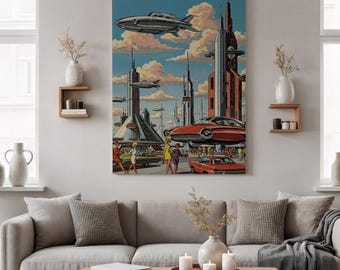 Futuristic Cityscape with Flying Cars Canvas Wall Art, Retro Science Fiction Artwork, Hover Cars and Skyline Print for Living Room or Office