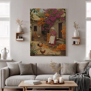 Framed Indian Village Canvas Art, Marigold Garland, Rural Life Print
