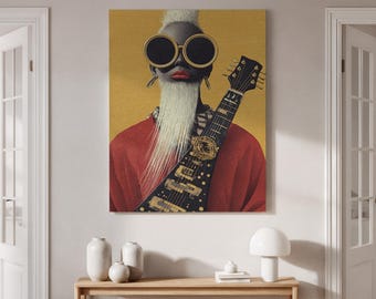 Cuadro de pared enmarcado de un músico estilizado con guitarra, retrato llamativo de un guitarrista, lámina artística para sala de estar o estudio musical.