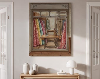 Vintage Sewing Room with Sewing Machine Canvas Wall Art Framed, Cozy Tailor Shop Print, Antique Sewing Supplies for Craft Room or Studio