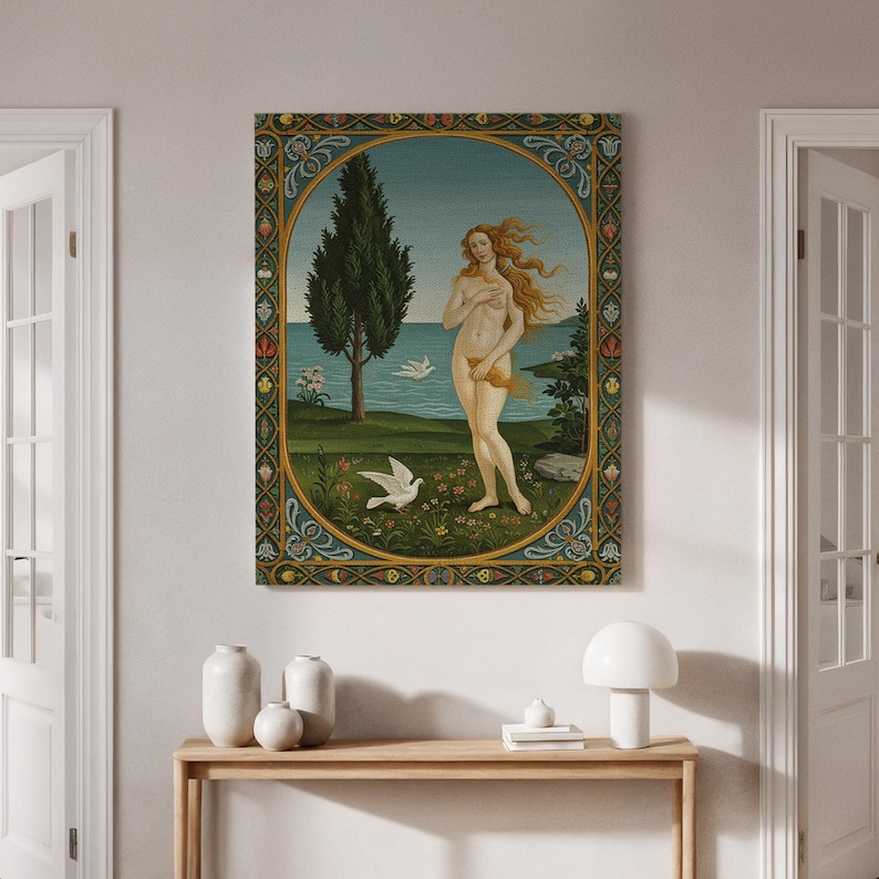 Framed Classical Goddess Canvas Wall Art, Venus or Aphrodite by the Sea, Elegant Vintage Style Print for Living Room, Bedroom, Gallery Decor