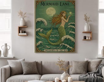 Mermaid Lane Canvas Wall Art, Framed Mermaid Print, Treasures of the Sea, Vintage Ocean Decor for Living Room, Bedroom, or Coastal Home