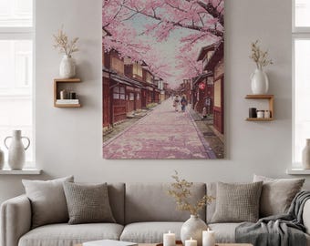 Cherry Blossom Street Canvas Wall Art, Framed Sakura Print, Traditional Japanese Street Decor for Living Room or Bedroom & Meditation