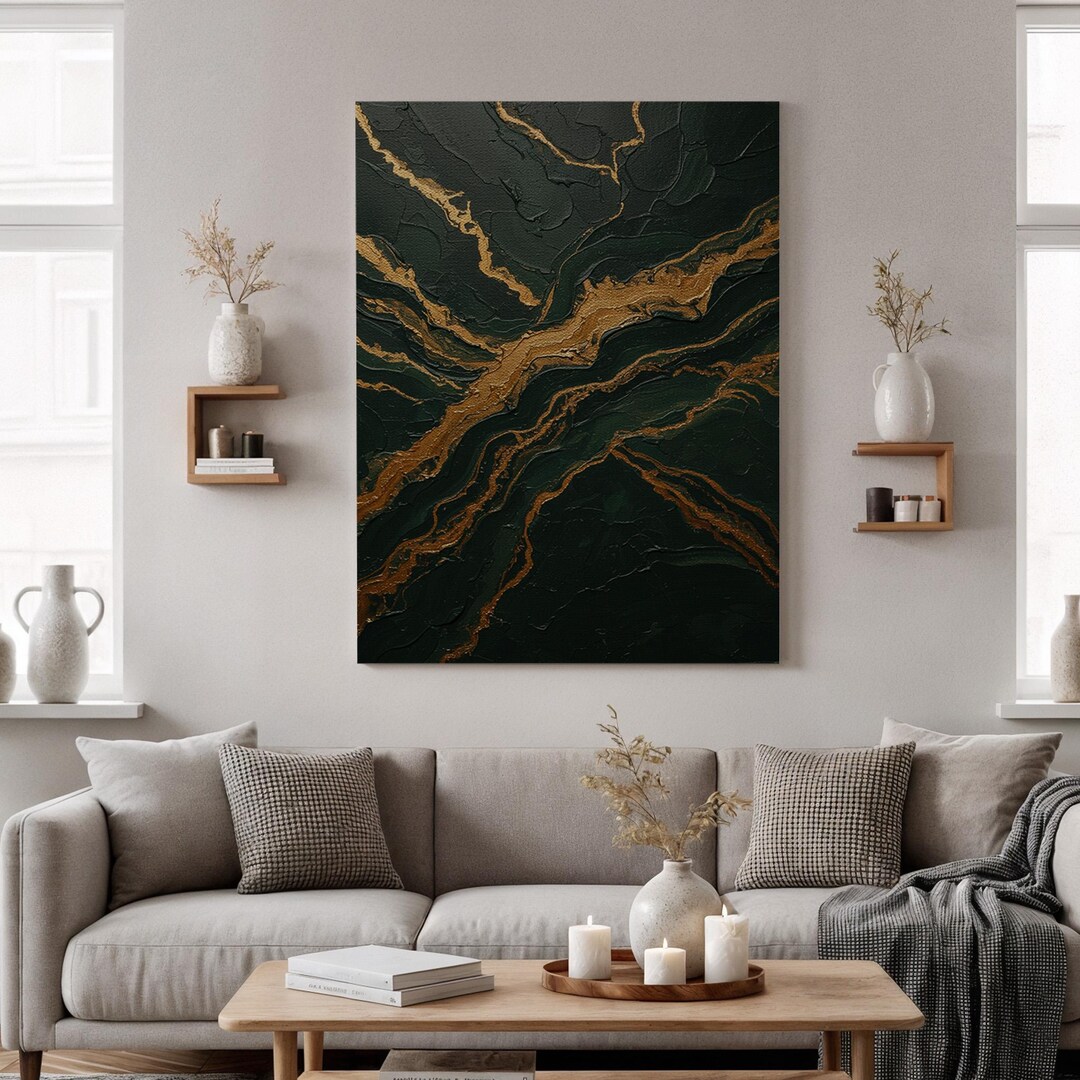 Black and Gold Marble Texture Framed Canvas, Modern Abstract Wall Art ...